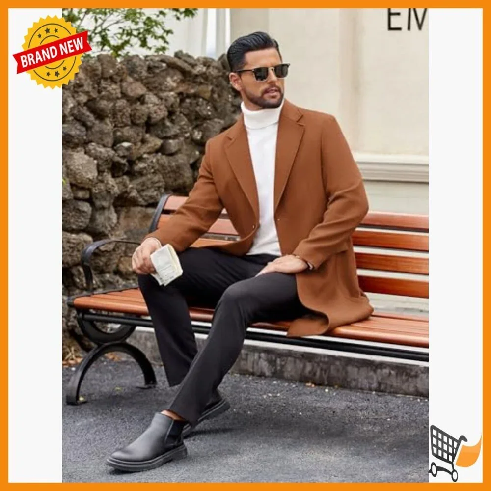 Men's Wool Blend Trench Coat Long Overcoat Notched Collar Classic Fit